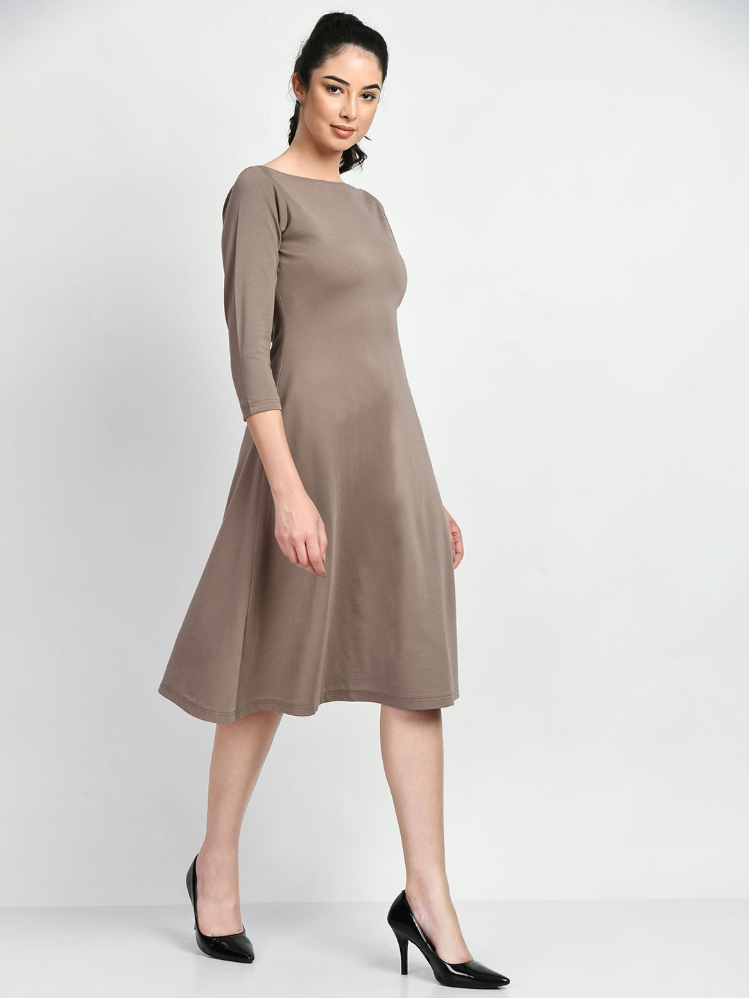 Exude Dignity Boat Neck A-line Dress Camel Beige Dresses