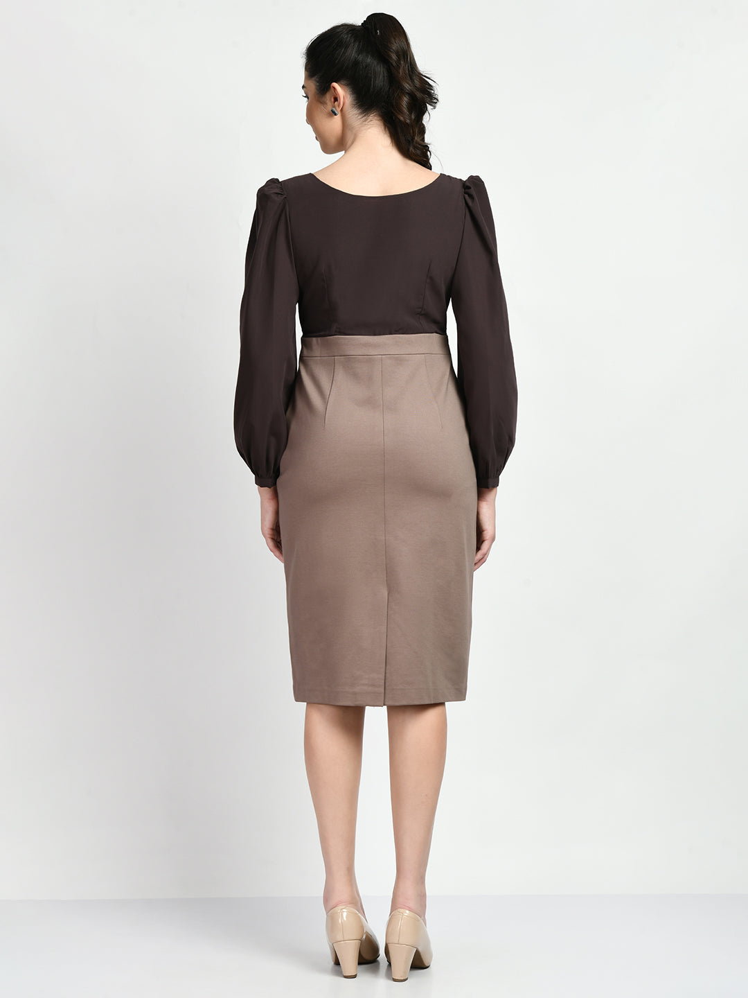 Exude Style Colour Blocked Sheath Dress Camel Beige + Coffee Brown Dresses