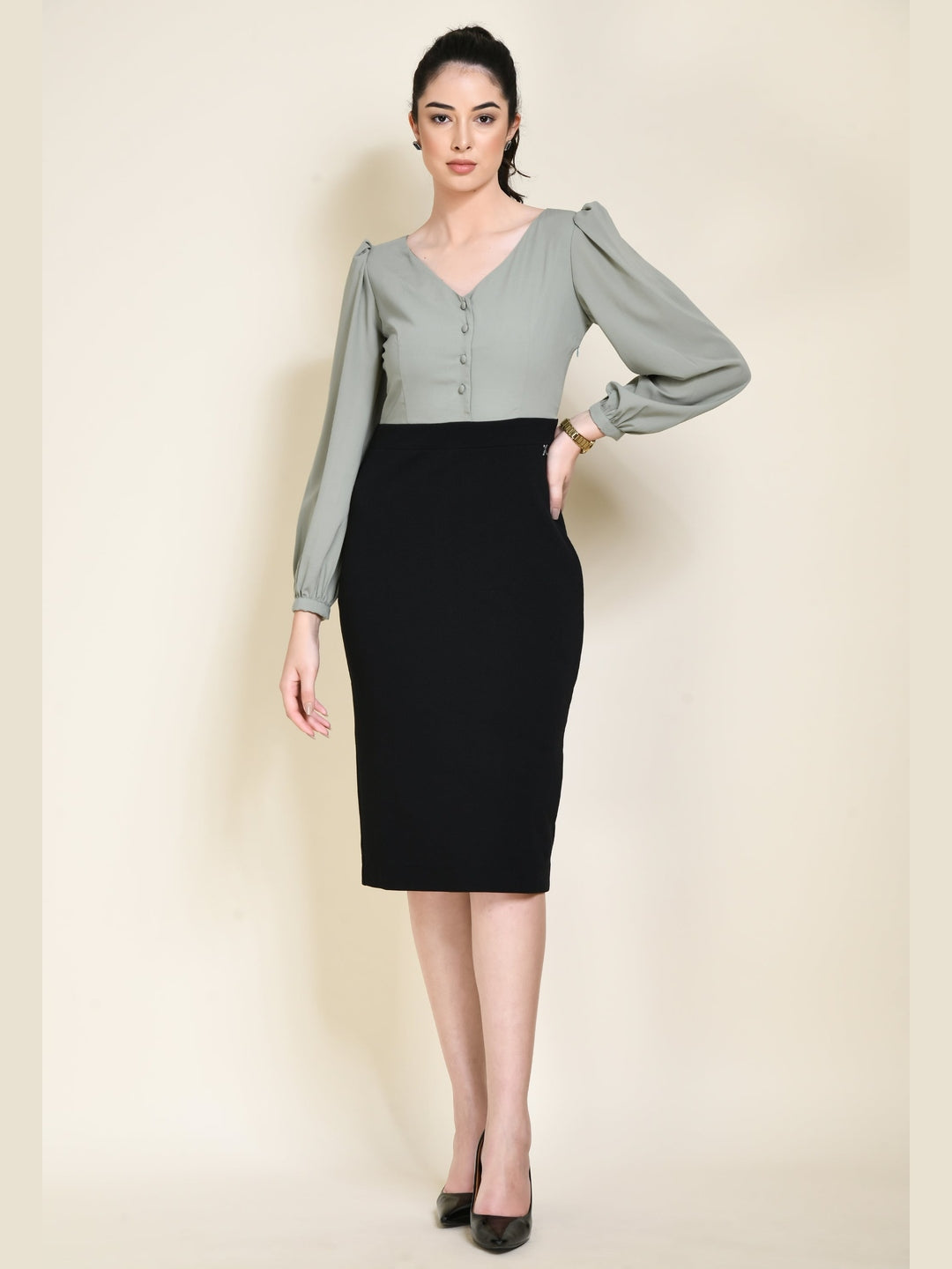 Exude Style Colour Blocked Sheath Dress Black + Pista Green Dresses