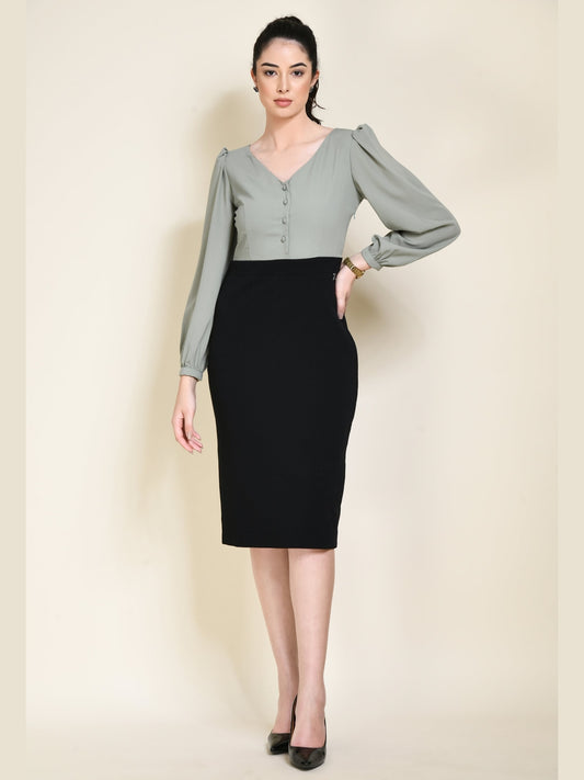 Exude Style Colour Blocked Sheath Dress Black + Pista Green Dresses