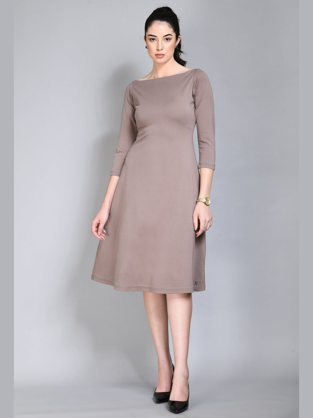 Exude Dignity Boat Neck A-line Dress Camel Beige Dresses
