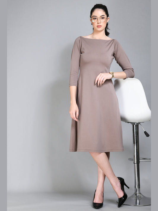 Exude Dignity Boat Neck A-line Dress (Camel Beige)