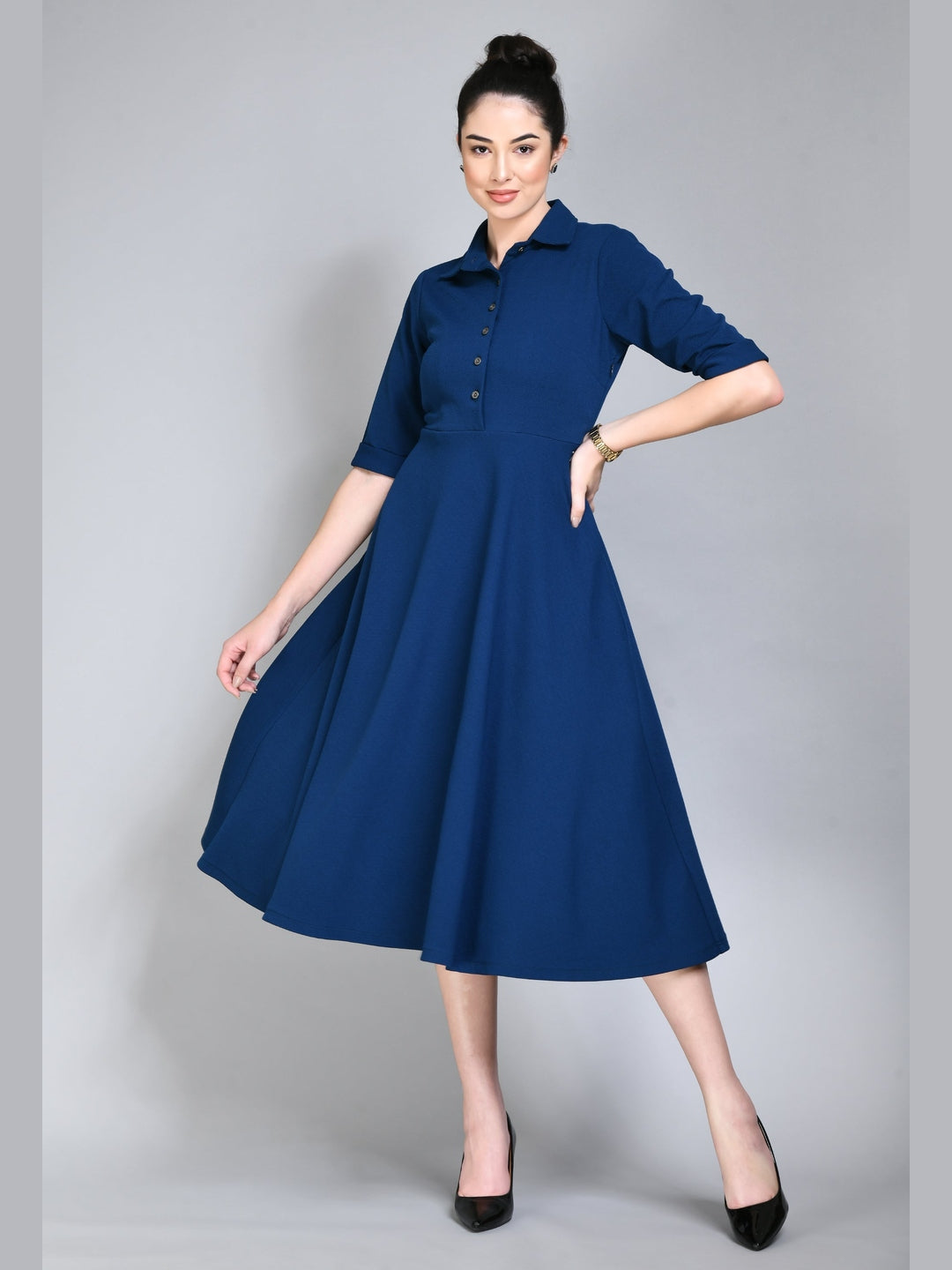 Exude Serenity Fit and Flared Shirt Midi Dress Royal Blue Dresses