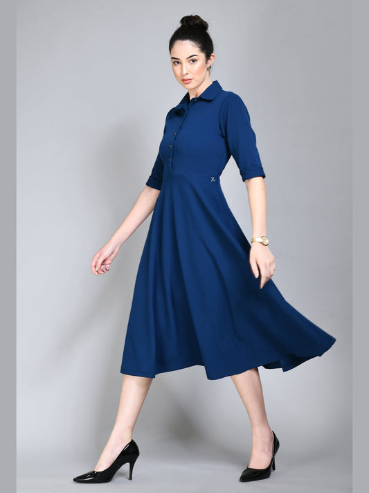 Exude Serenity Fit and Flared Shirt Midi Dress Royal Blue Dresses