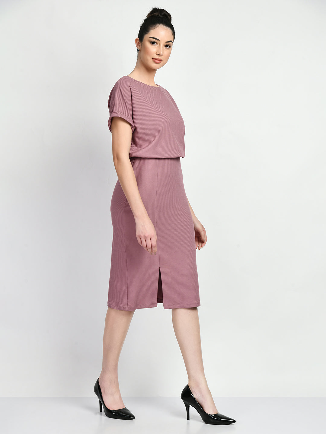 Exude Enigma Ribbed Blouson Dress Dusty Pink Dresses