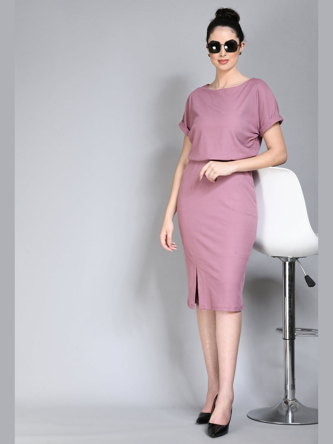 Exude Enigma Ribbed Blouson Dress Dusty Pink Dresses