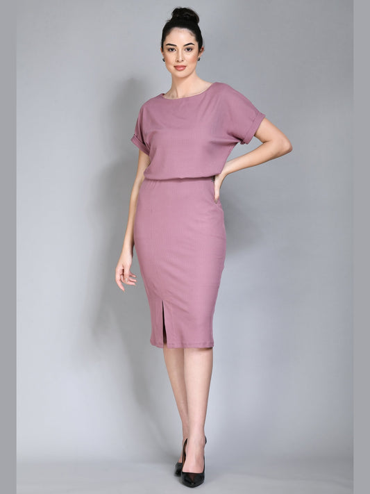 Exude Enigma Ribbed Blouson Dress (Dusty Pink)