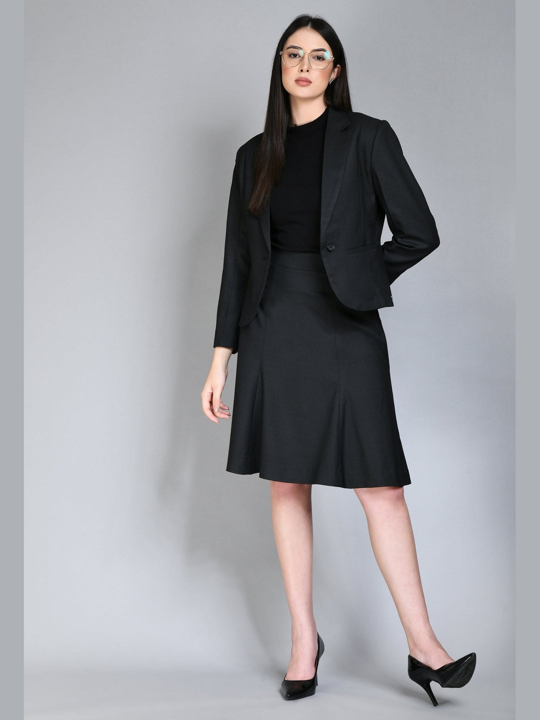 Exude Radiance Checked Short Blazer A-line Skirt Suit Black Suit