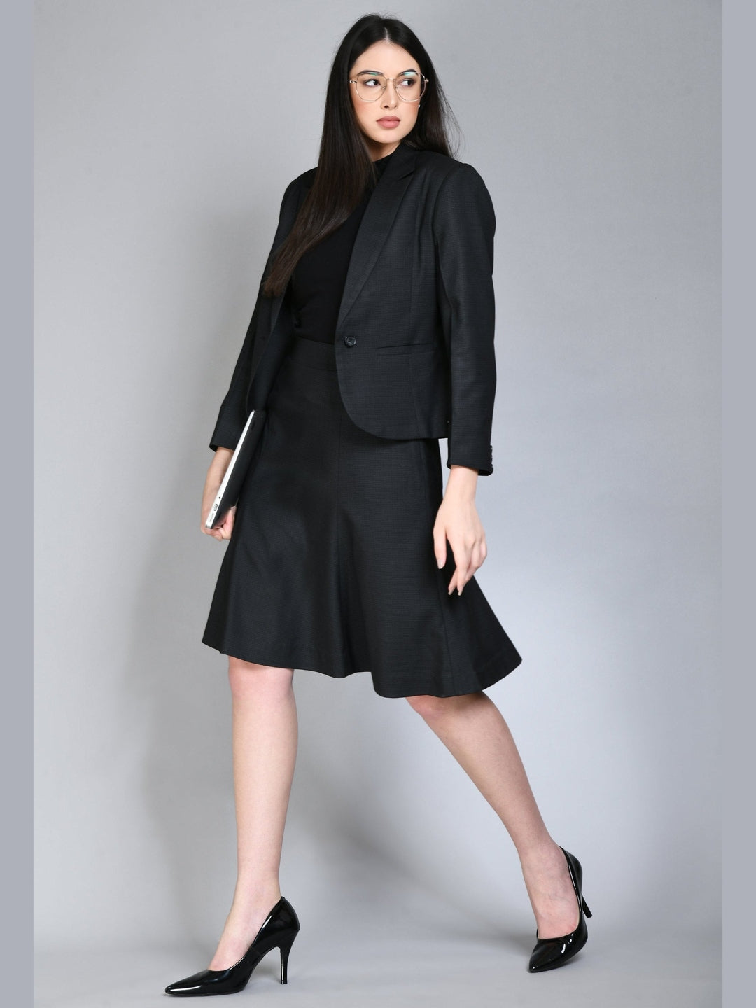 Exude Radiance Checked Short Blazer A-line Skirt Suit Black Suit