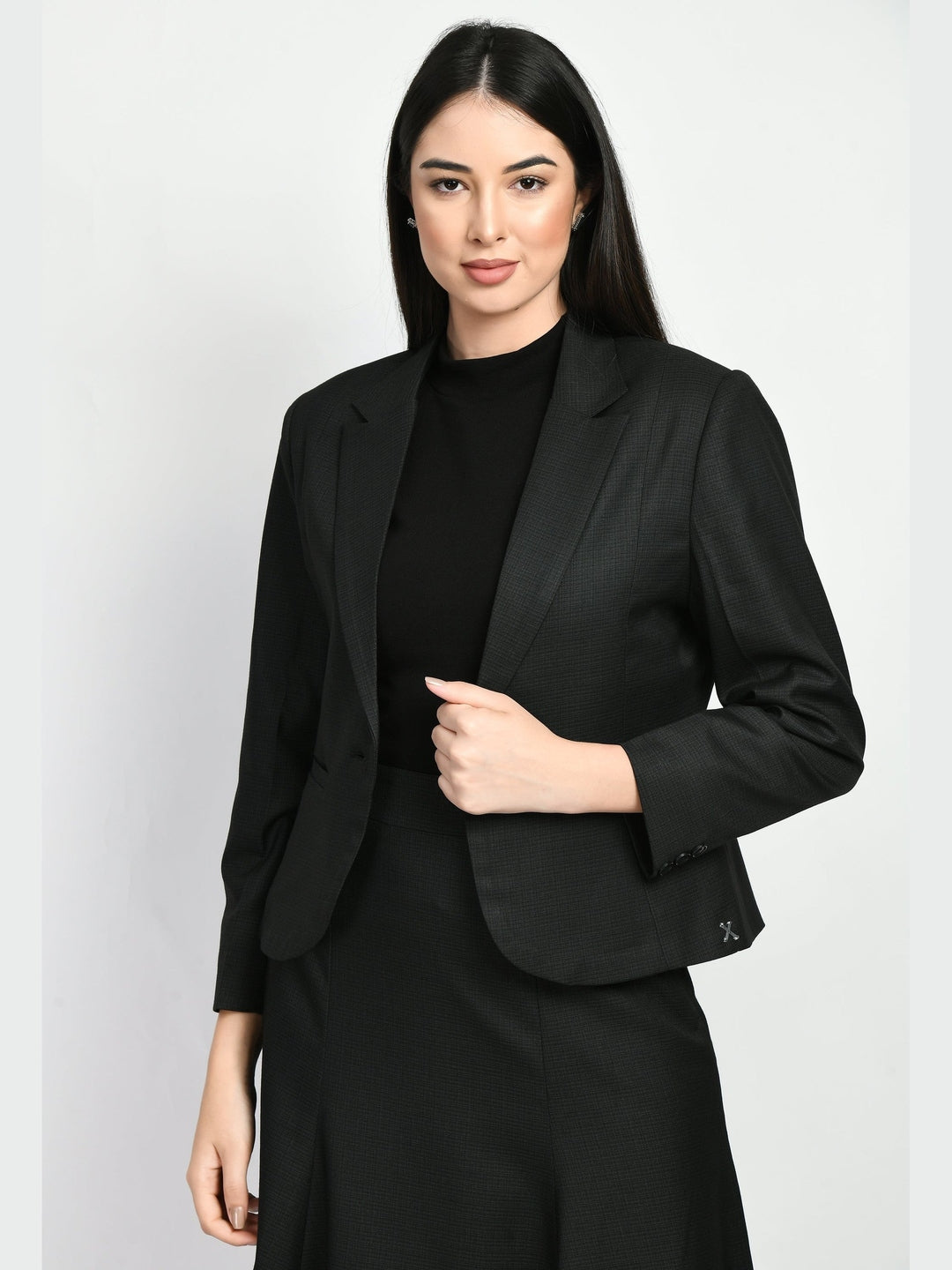 Exude Radiance Checked Short Blazer A-line Skirt Suit Black Suit
