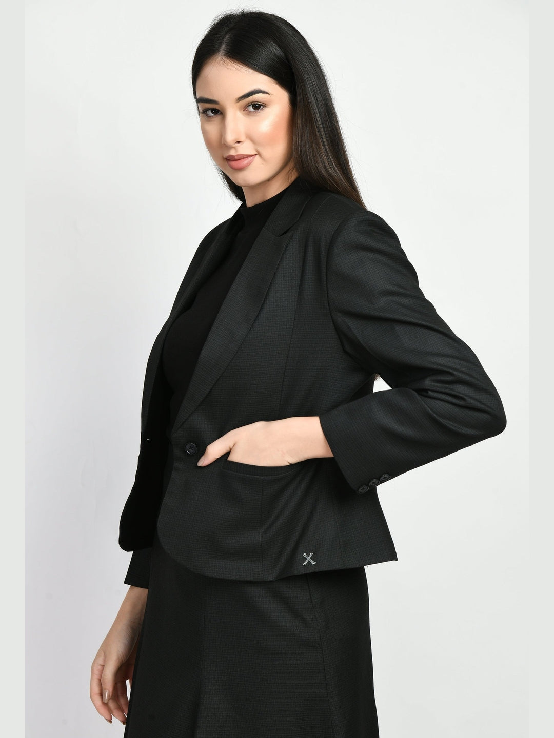 Exude Radiance Checked Short Blazer A-line Skirt Suit Black Suit