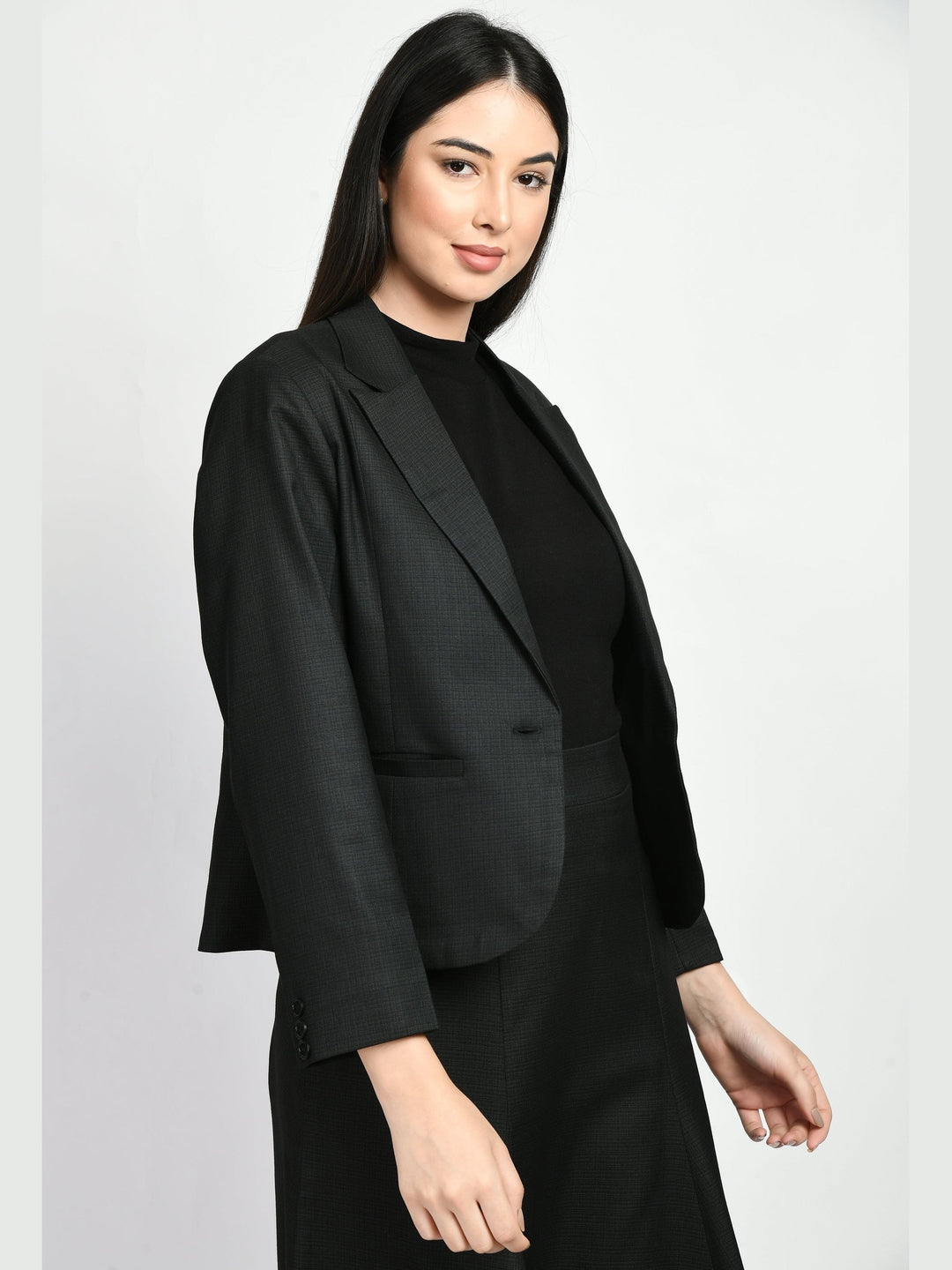 Exude Radiance Checked Short Blazer A-line Skirt Suit Black Suit