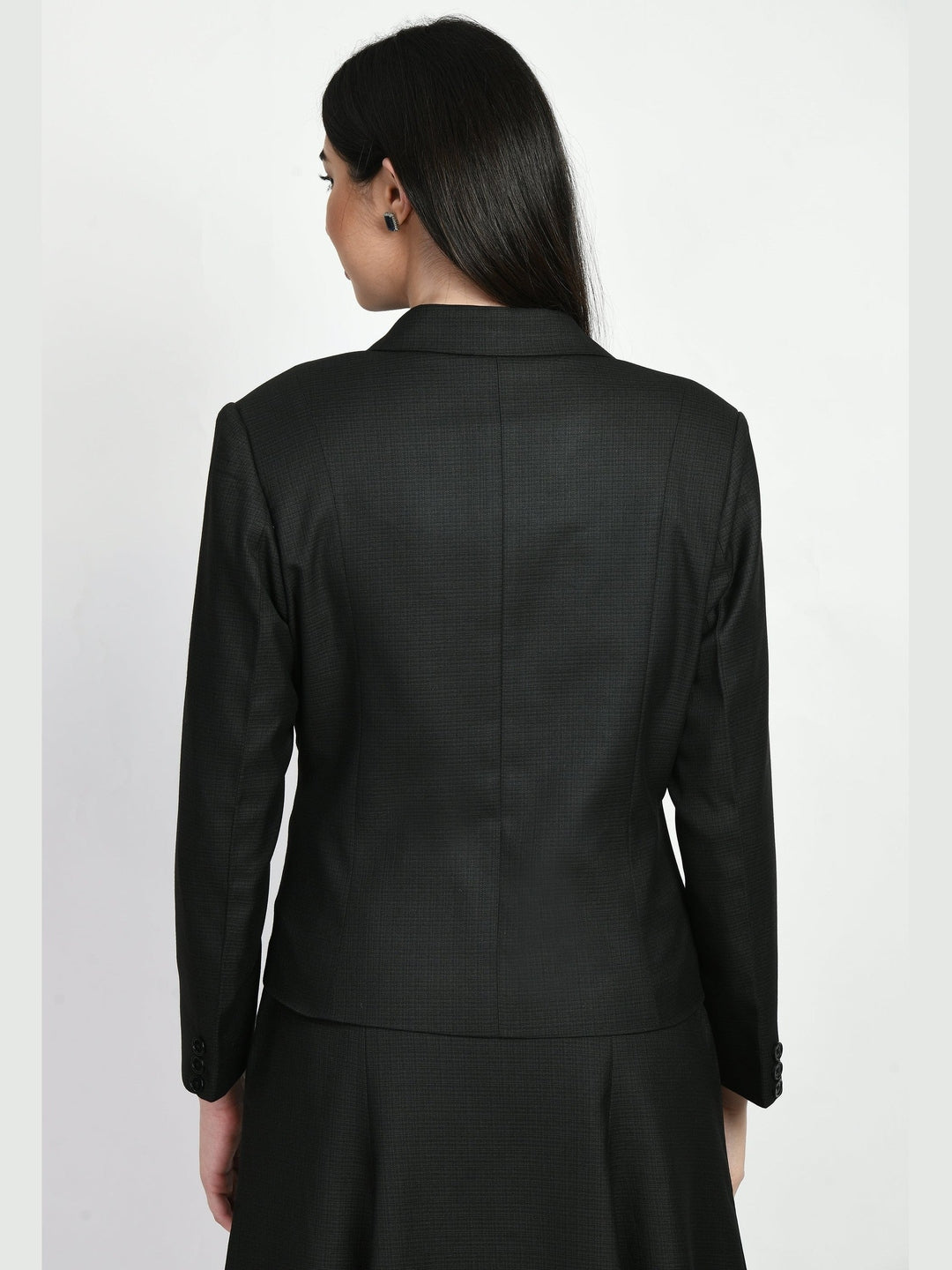 Exude Radiance Checked Short Blazer A-line Skirt Suit Black Suit