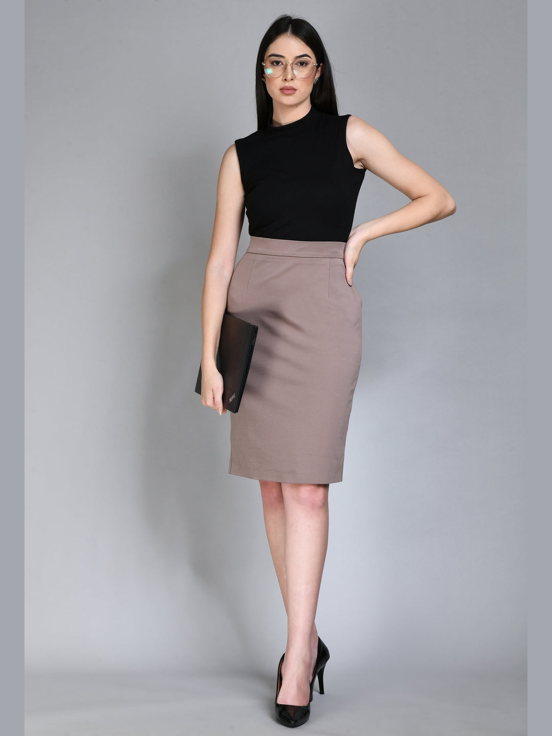 Exude Leadership Solid 4 Way Stretch Pencil Skirt Camel Beige Skirt