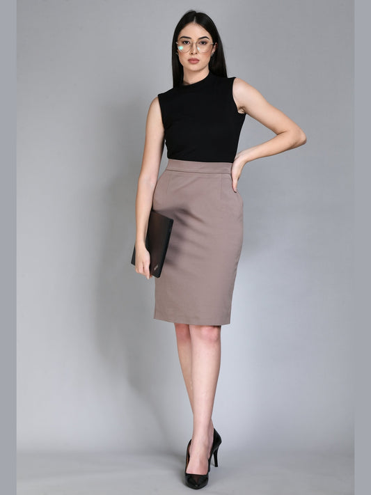 Exude Leadership Solid 4 Way Stretch Pencil Skirt (Camel Beige)