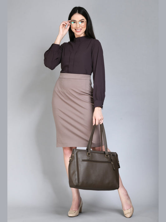 Exude Foresight High Neck Front Pleat Top (Coffee Brown)