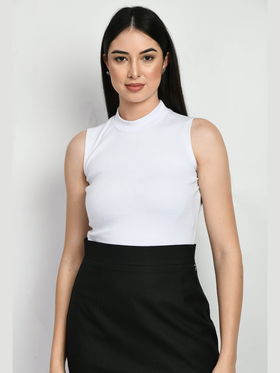 Exude Prudence High Neck Sleeveless T-shirt (White)