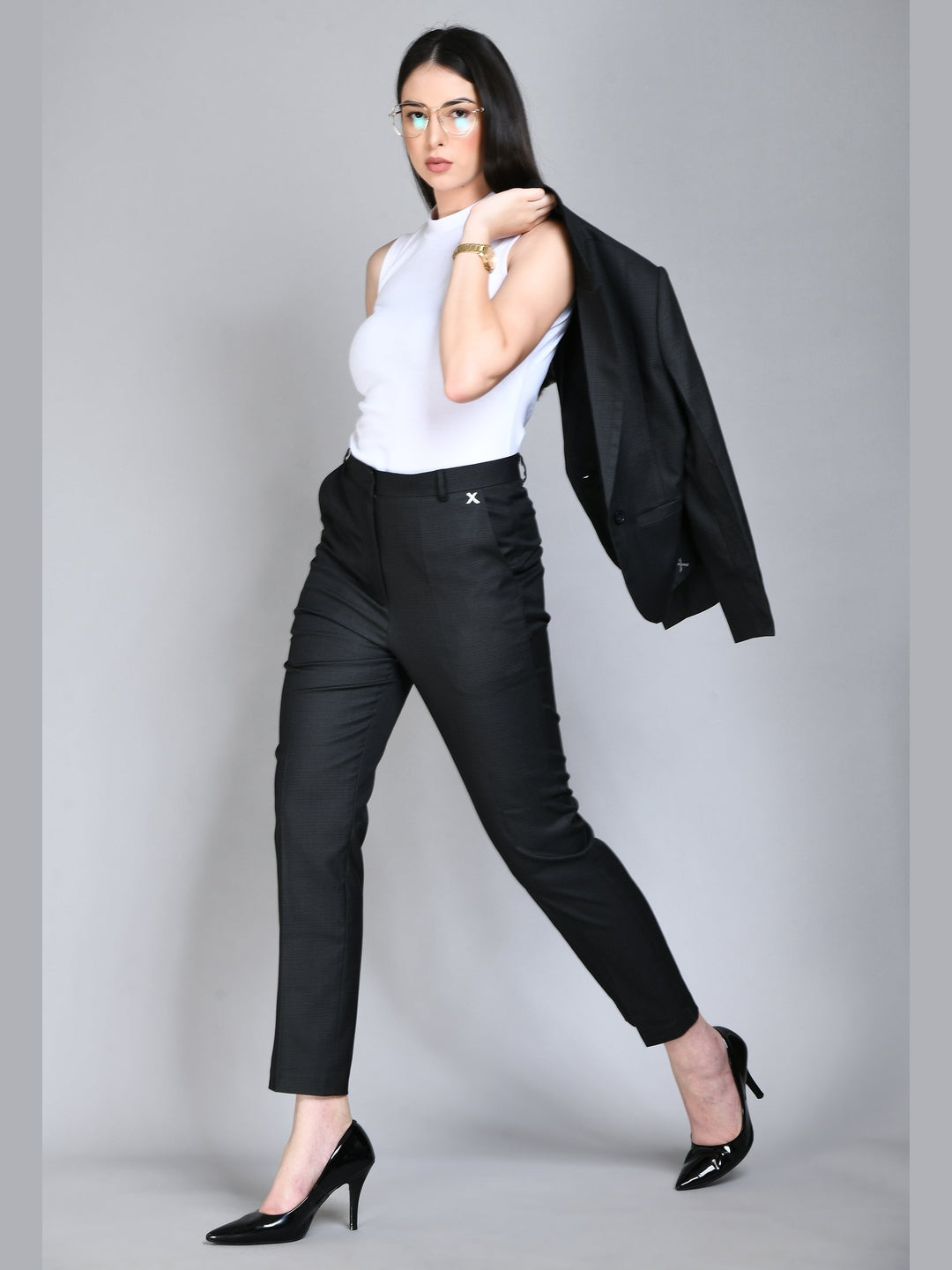 Exude Success Checked Short Blazer Pant Suit Black Suit