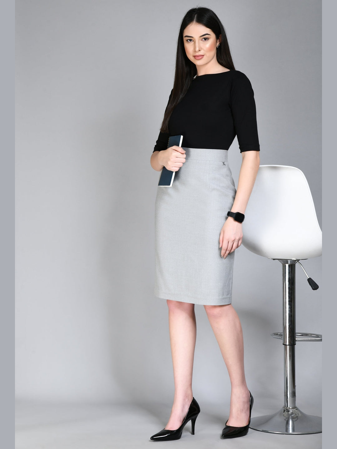 Exude Empathy Checked Pencil Skirt (Grey)