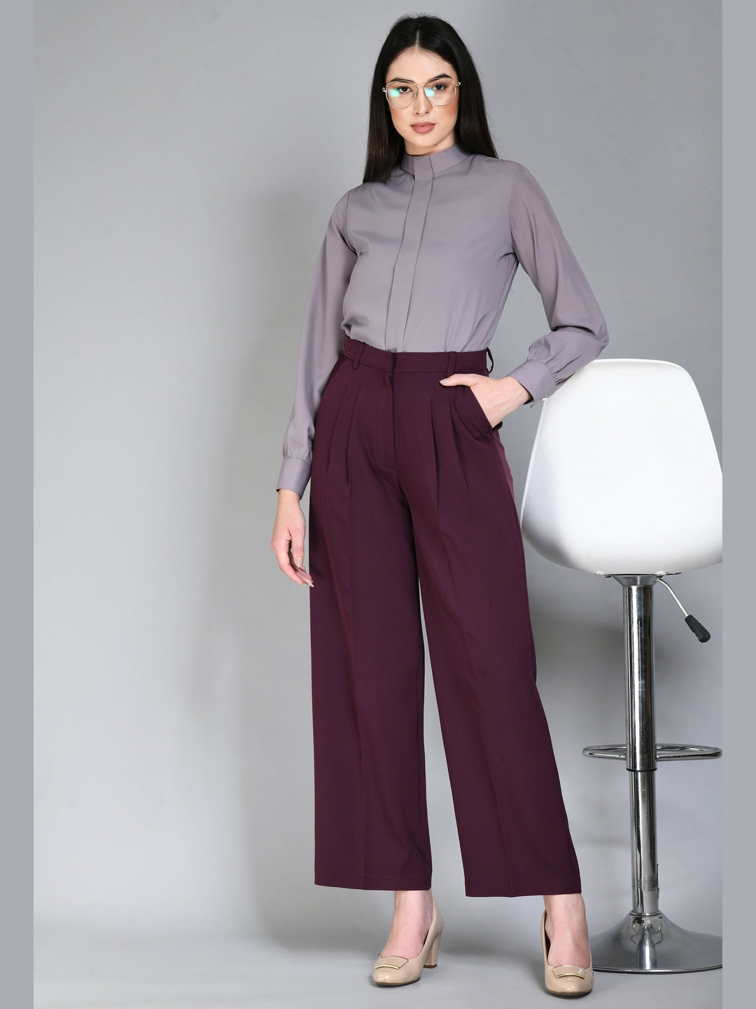Exude Foresight High Neck Front Pleat Top Lilac Grey Tops
