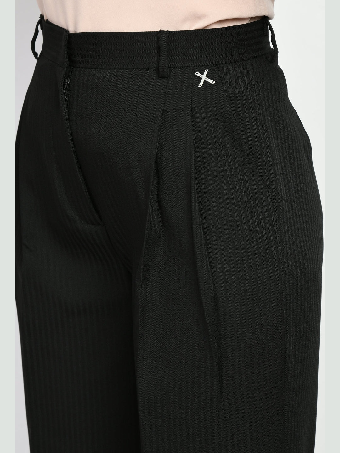 Exude Prowess Striped Wide Leg Trousers Black Trouser