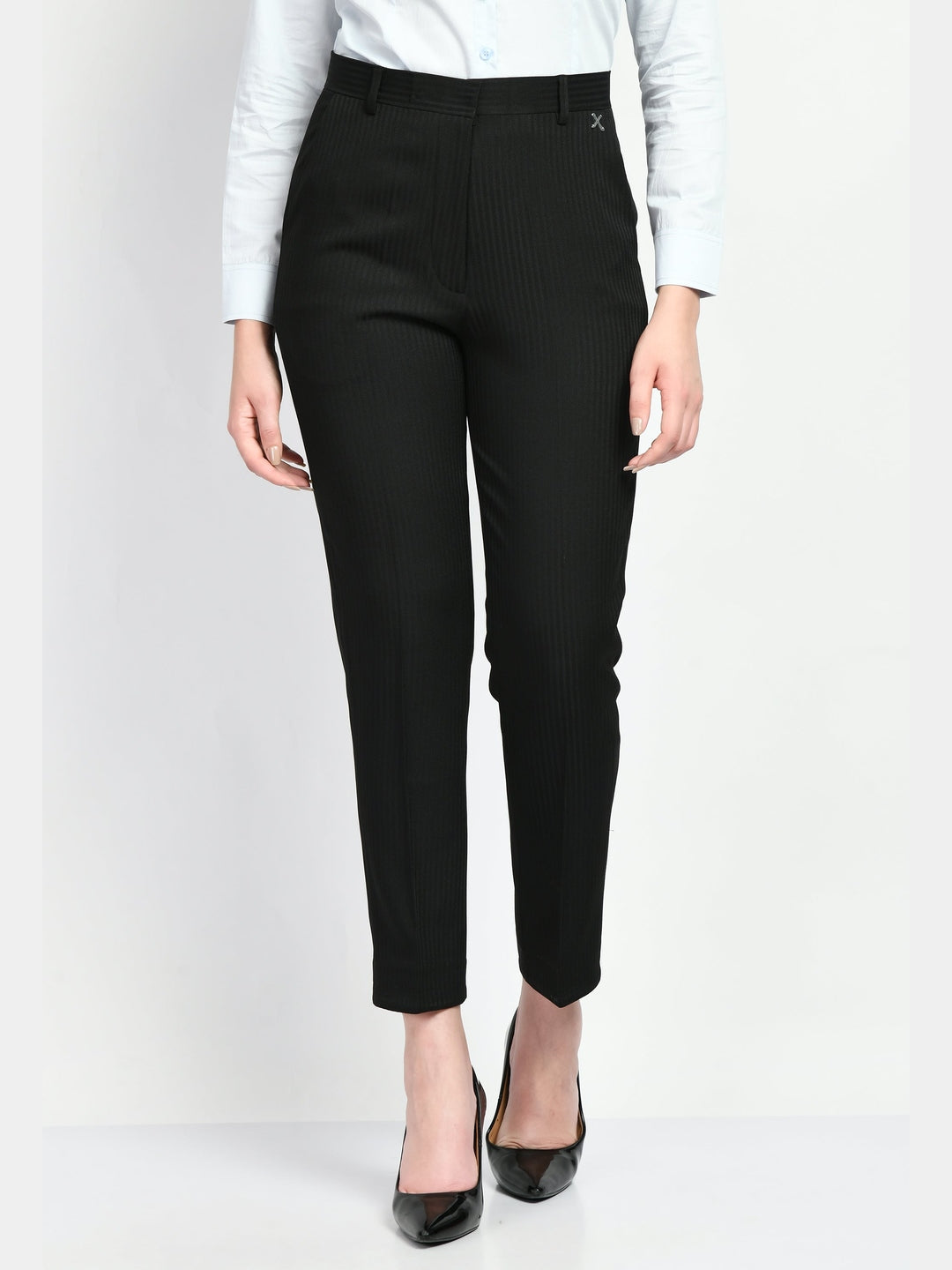 Exude Fearlessness Striped Short Blazer Pant Suit Black Suit