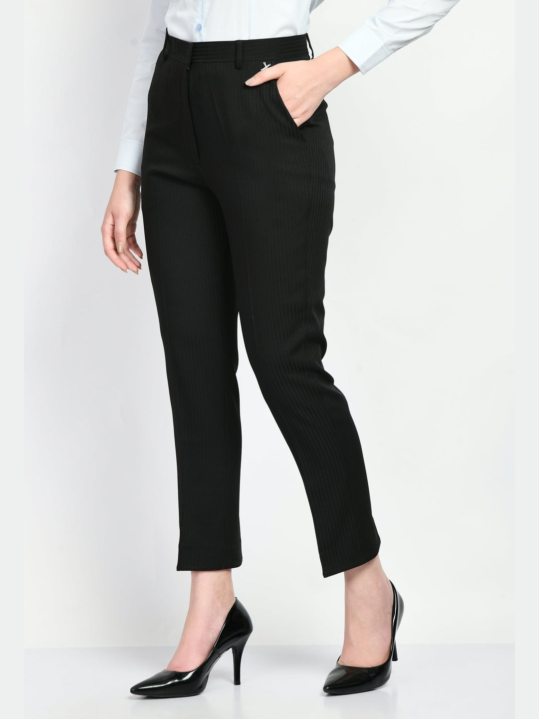Exude Fearlessness Striped Short Blazer Pant Suit Black Suit