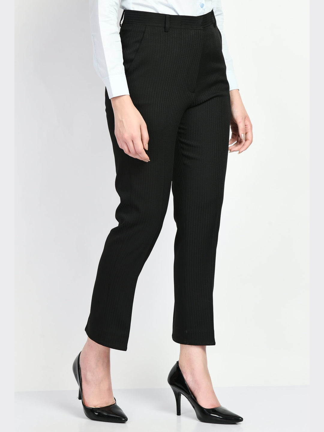Exude Fearlessness Striped Short Blazer Pant Suit Black Suit