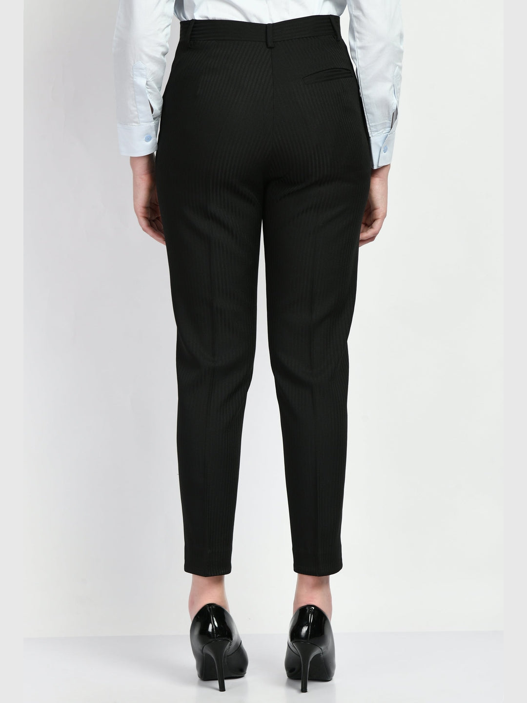 Exude Fearlessness Striped Short Blazer Pant Suit Black Suit