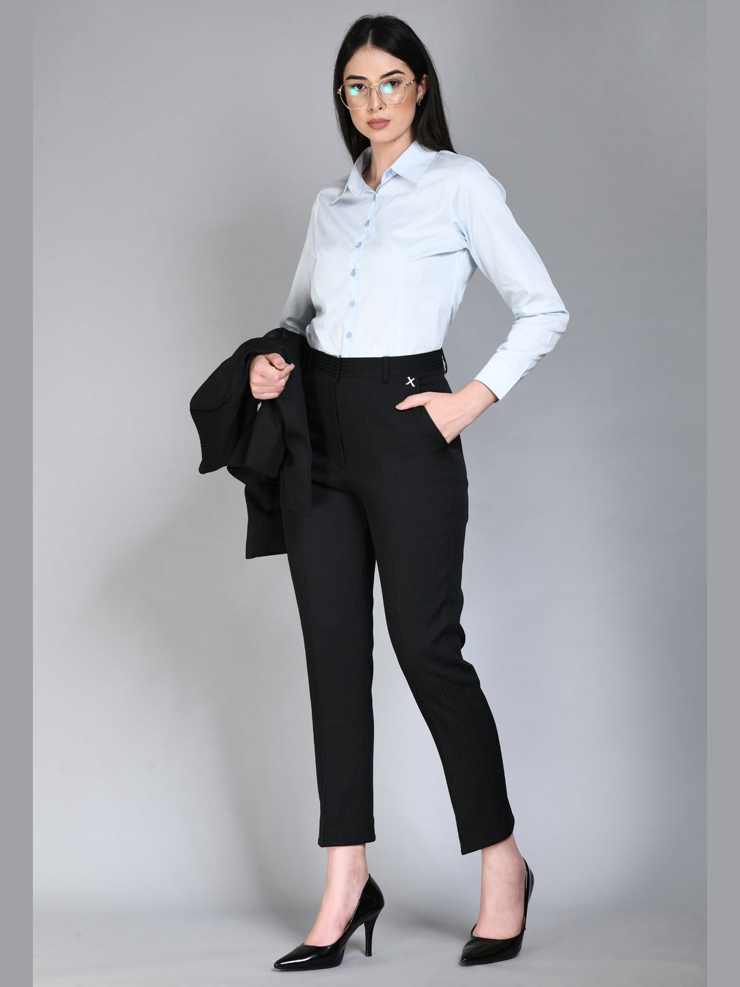 Exude Fearlessness Striped Short Blazer Pant Suit Black Suit