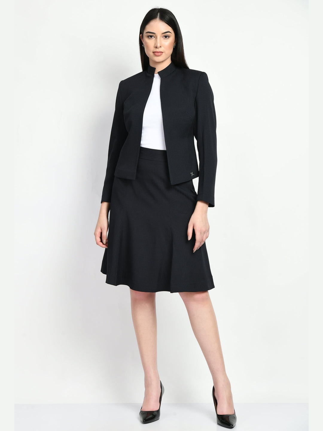 Exude Intelligence Striped Short Blazer A-line Skirt Suit Navy Suit
