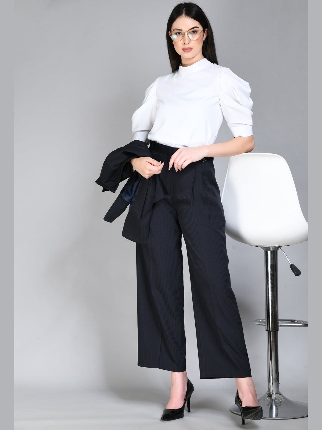 Exude Prowess Striped Wide Leg Trousers Navy Trouser