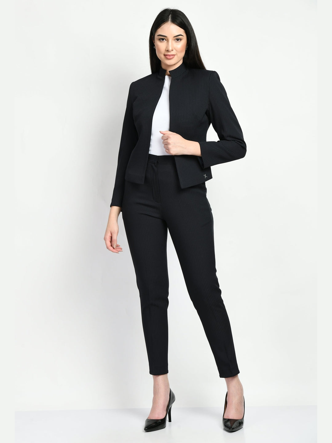Exude Fearlessness Striped Short Blazer Pant Suit Black Suit