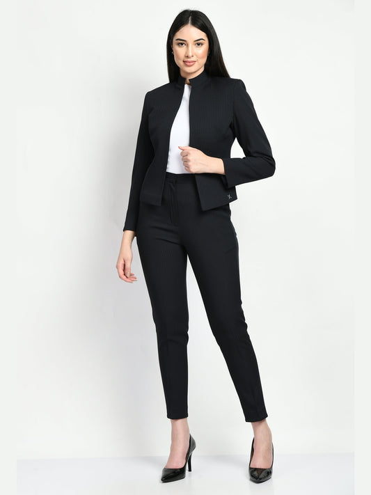 Exude Fearlessness Striped Short Blazer Pant Suit Black Suit