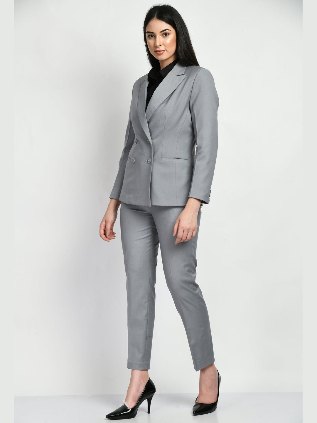 Exude Enthusiasm Double Breasted Blazer Pant Suit Grey Co-ord Sets