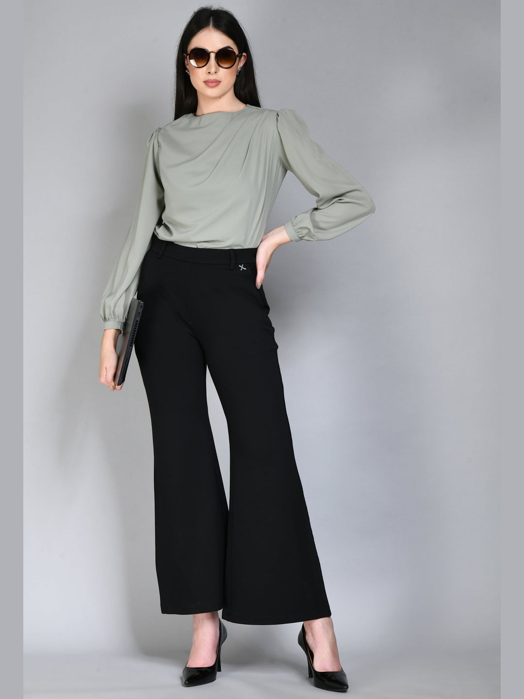 Exude Accomplishment Solid 4 Way Stretch Bootcut Trousers Black Trouser