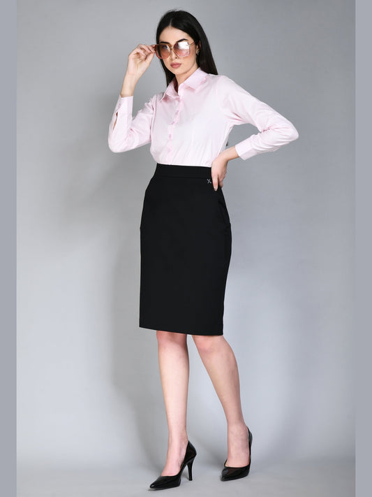 Exude Leadership Solid 4 Way Stretch Pencil Skirt (Black)