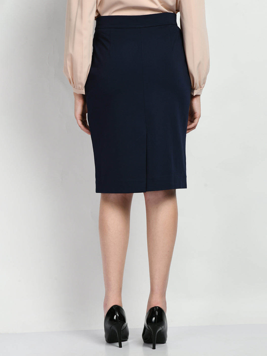 Exude Leadership Solid 4 Way Stretch Pencil Skirt Navy Skirt
