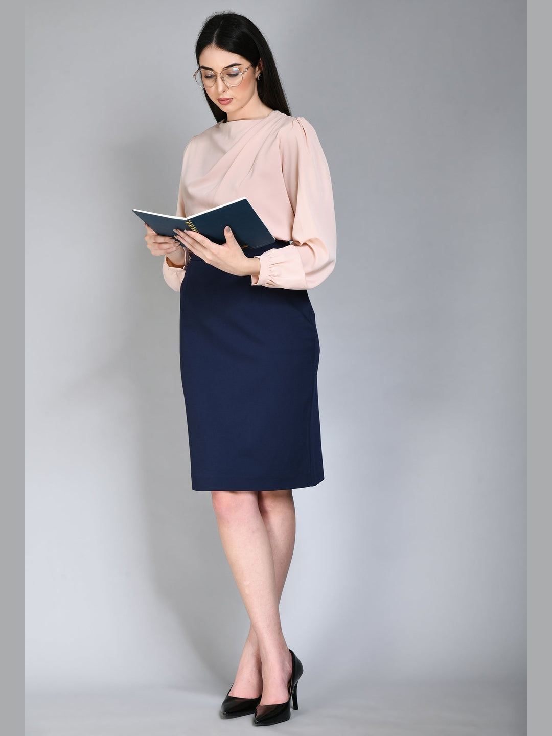 Exude Leadership Solid 4 Way Stretch Pencil Skirt Navy Skirt