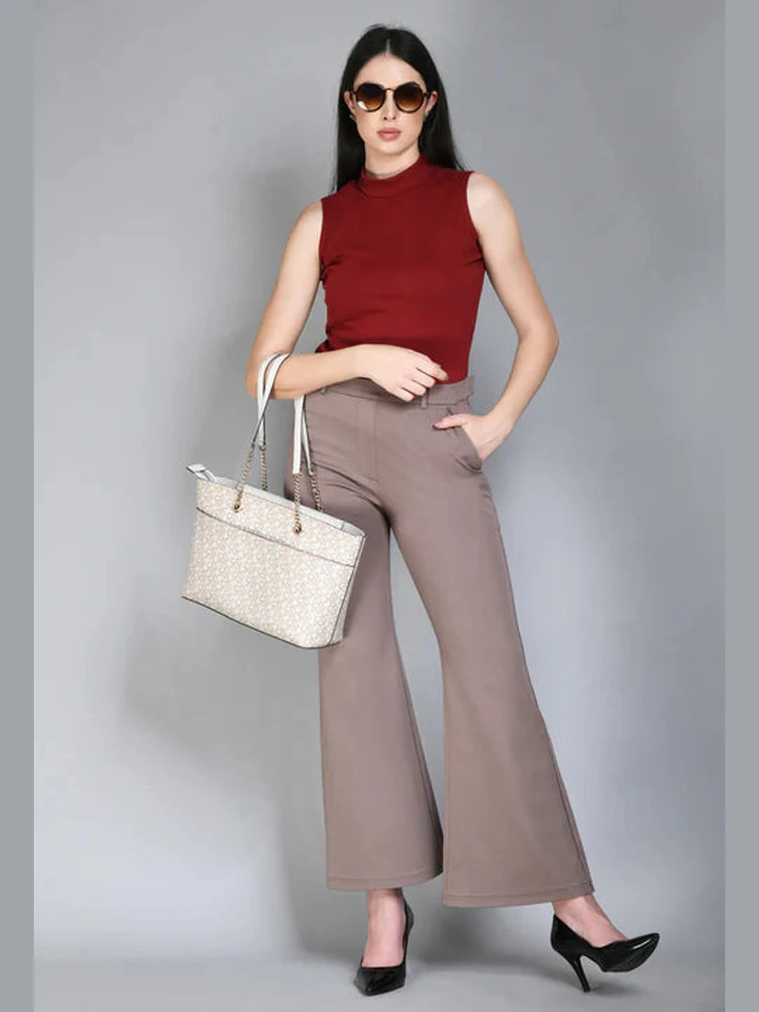 Exude Accomplishment Solid 4 Way Stretch Bootcut Trousers Camel Beige Trouser