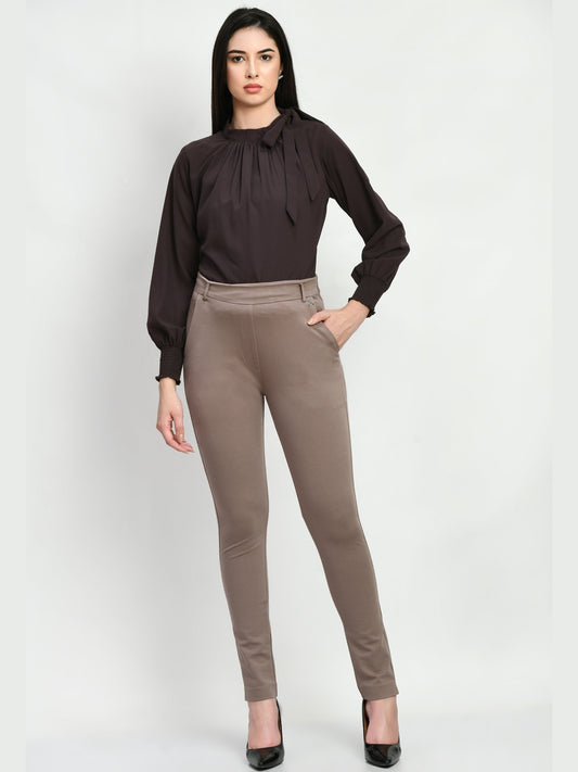 Exude Respect Solid 4 Way Stretch Slim Trousers Camel Beige Trouser