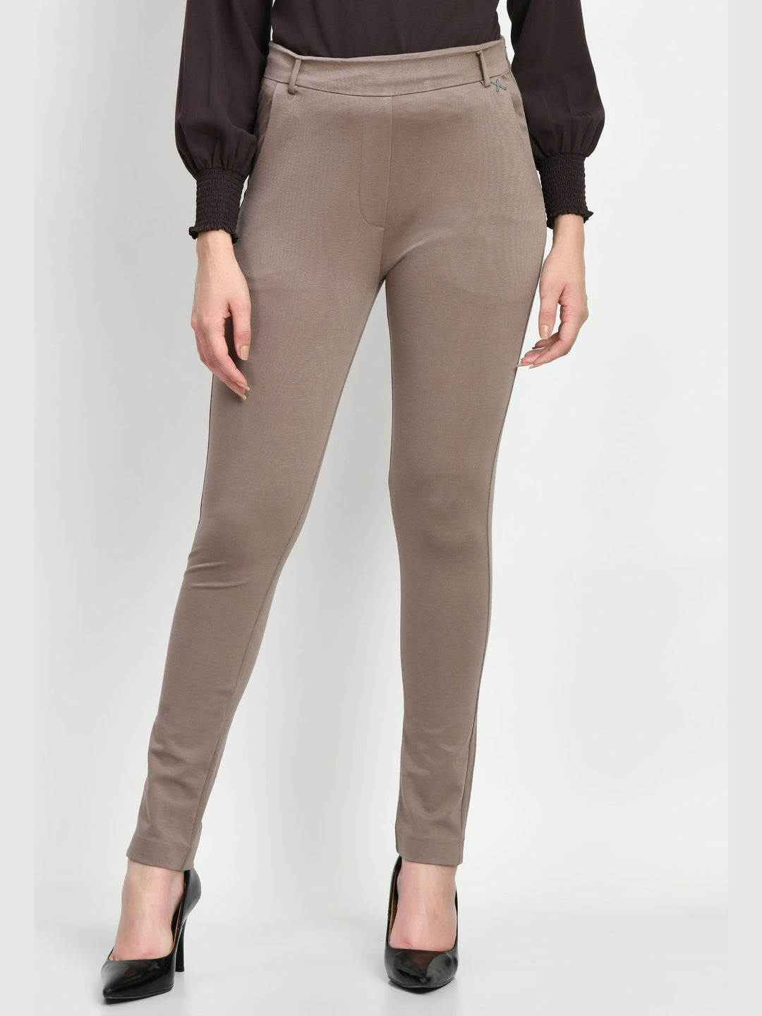 Exude Respect Solid 4 Way Stretch Slim Trousers Camel Beige Trouser