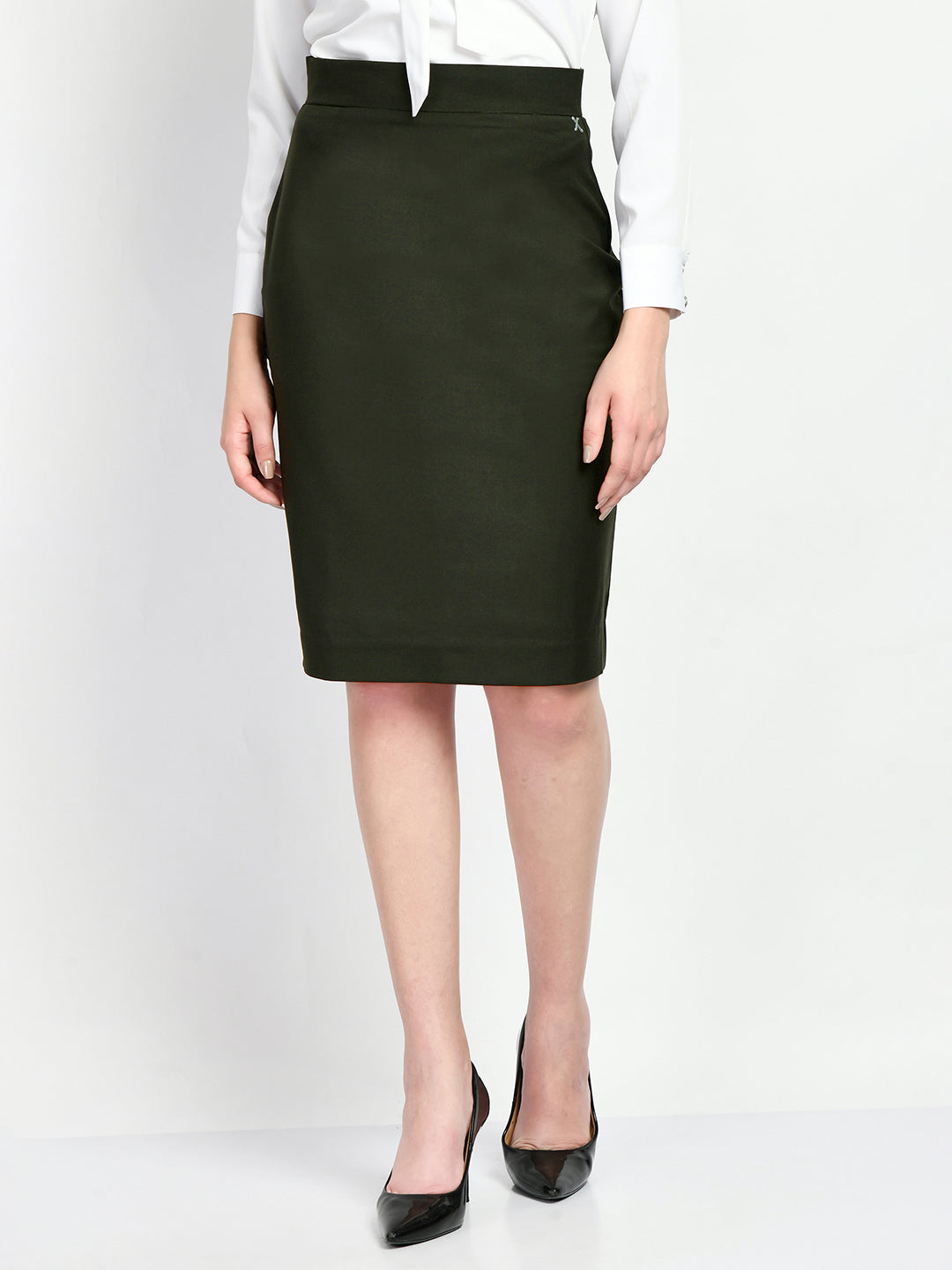 Exude Integrity Solid Pencil Skirt Olive Skirt