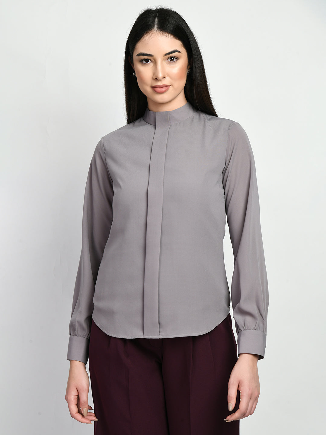 Exude Foresight High Neck Front Pleat Top Lilac Grey Tops
