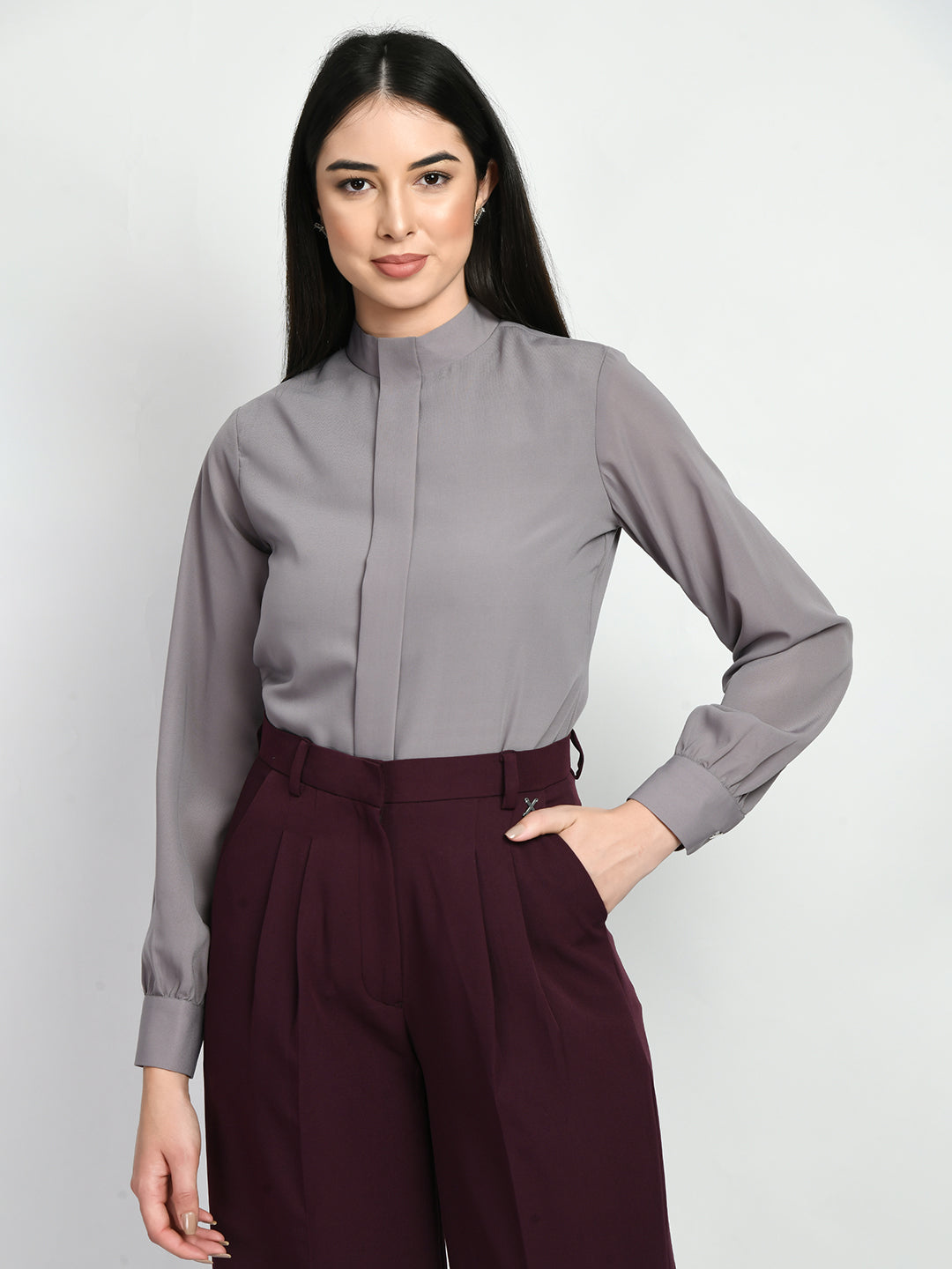 Exude Foresight High Neck Front Pleat Top Lilac Grey Tops