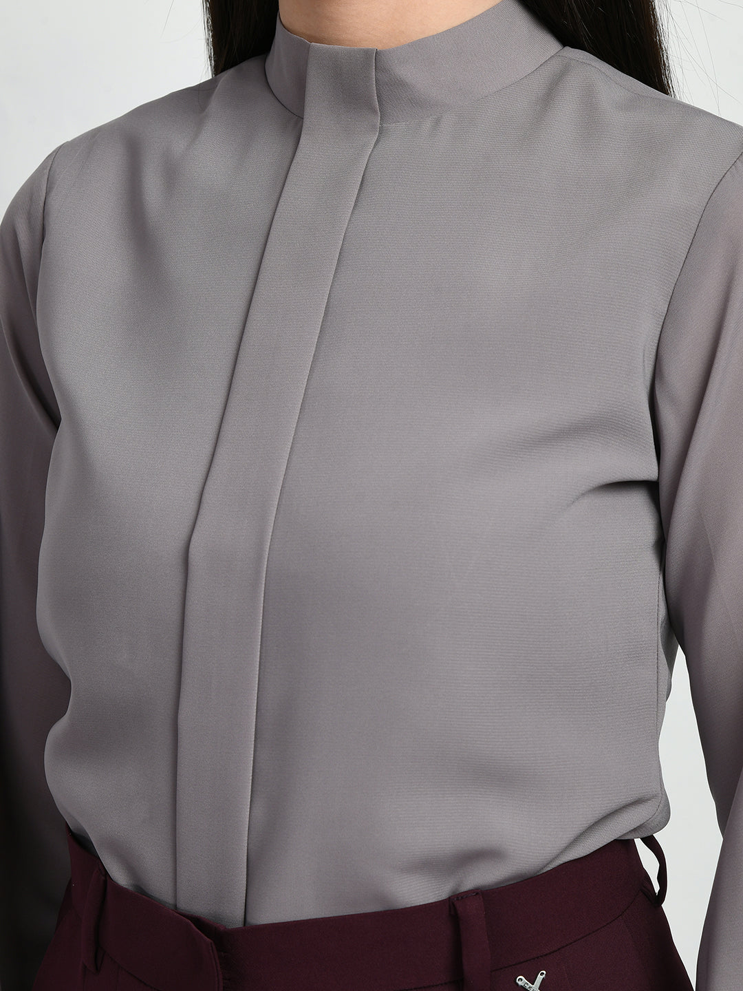 Exude Foresight High Neck Front Pleat Top Lilac Grey Tops