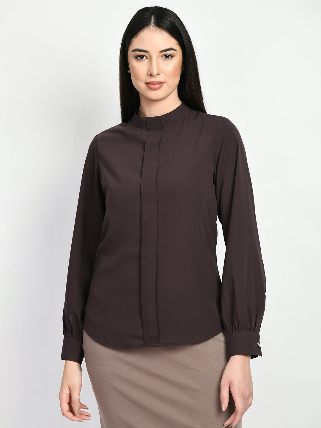 Exude Foresight High Neck Front Pleat Top Coffee Brown Tops