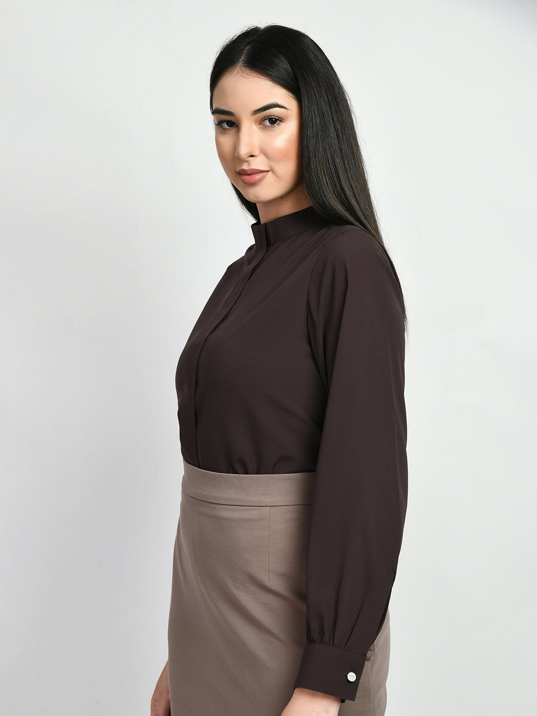 Exude Foresight High Neck Front Pleat Top Coffee Brown Tops