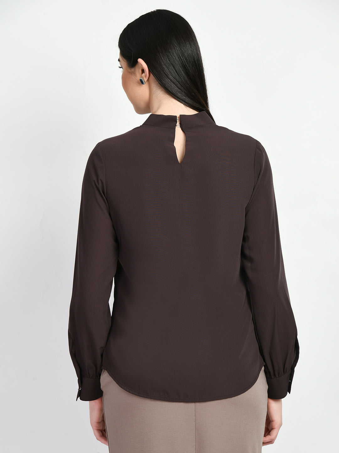 Exude Foresight High Neck Front Pleat Top Coffee Brown Tops