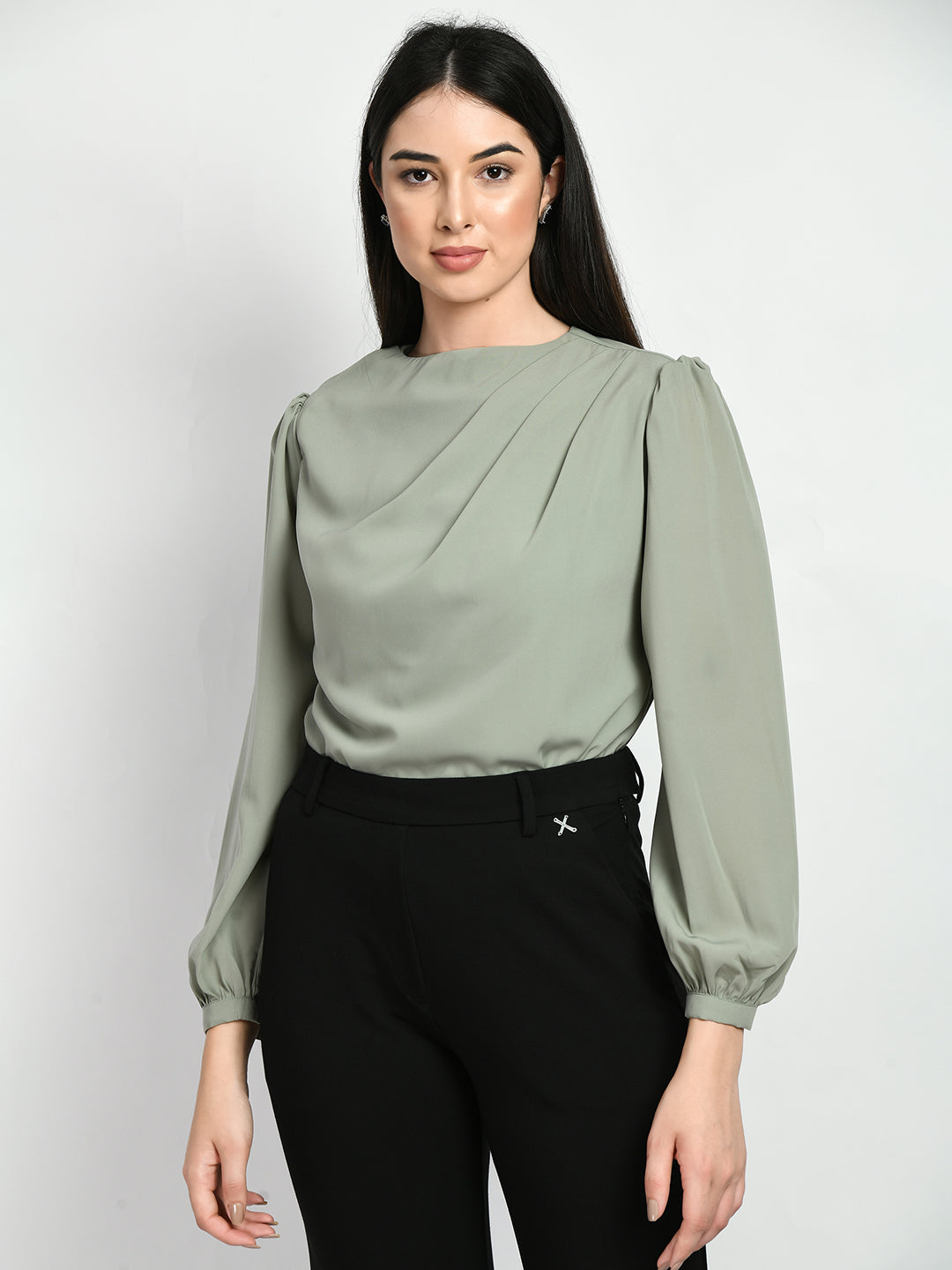 Exude Genius Pleat Detail Top Pista Green Tops